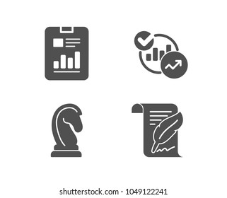 Set of Marketing strategy, Report document and Statistics icons. Feather sign. Chess knight, Page with charts, Report charts. Copyright page.  Quality design elements. Classic style. Vector