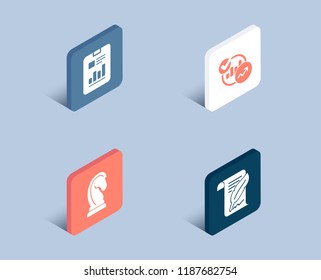Set of Marketing strategy, Report document and Statistics icons. Feather sign. Chess knight, Page with charts, Report charts. Copyright page.  3d isometric buttons. Flat design concept. Vector