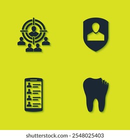 Set Marketing target strategy, Broken tooth, Smartphone with contacts and User protection icon. Vector
