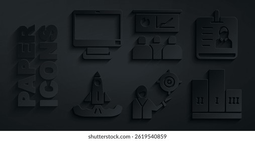 Set Marketing target strategy, Identification badge, Rocket, Award over winner podium, Training, presentation and Computer monitor icon. Vector