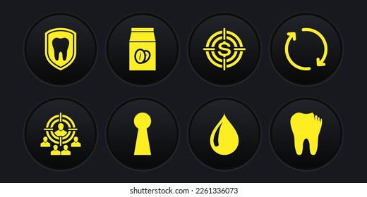 Establecer la estrategia de objetivo de marketing, Refrescar, Agujero Clave, Abandonar agua, Objetivo con dólar y bolso de café. Vector