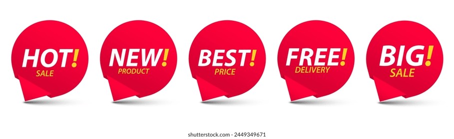 Conjunto de etiquetas de mensajes de texto de marketing. Las promociones tienen una forma de burbuja de discurso redondo y colorido. Letrero para publicidad, Anuncios, Plantilla y decoración. Ilustraciones vectoriales aisladas sobre fondo blanco.