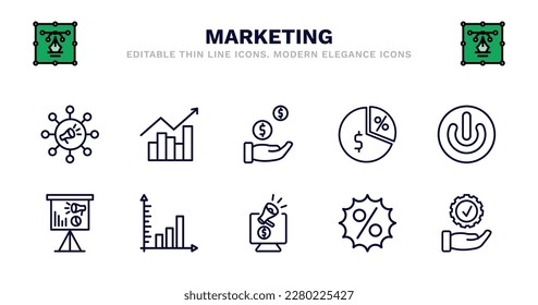 set of marketing thin line icons. marketing outline icons such as trend, buying, margin, on, marketing presentation, presentation, diagrams, online offer, execution vector.