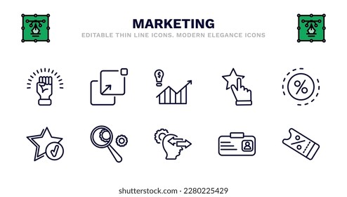 conjunto de iconos de línea delgada de marketing. iconos de esquema de marketing como pop up, demand, aprecio, ratio, recomendación, recomendación, análisis, comportamiento, id, vector de cupón.