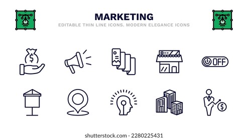 set of marketing thin line icons. marketing outline icons such as promote, flyer, shop, off, banner, banner, place, potential, enterprise, salesman vector.