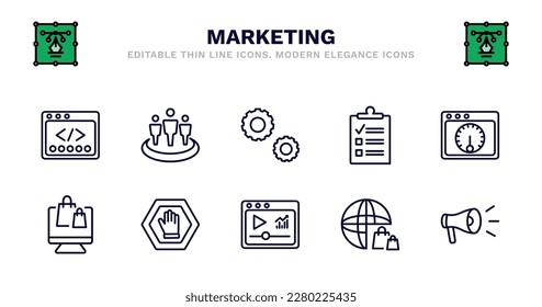 set of marketing thin line icons. marketing outline icons such as affiliate, service, checklist, velocity test, online store, online store, ad blocker, video marketing, web shop, campaign vector.