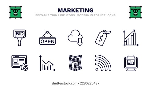 set of marketing thin line icons. marketing outline icons such as open, download from cloud, price, yield, favorite web, favorite web, marketing graph, gazette, rss, web package vector.