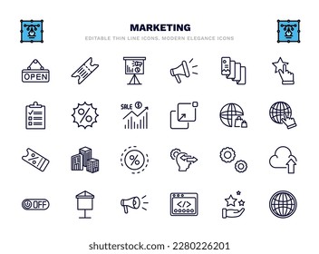 set of marketing thin line icons. marketing outline icons such as open, marketing presentation, flyer, offer, web shop, enterprise, service, banner, webcode, web graphic vector.