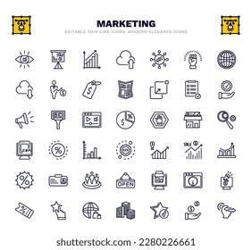 Satz von Marketing-Thin-Line-Icons. Marketing-Rahmensymbole wie Business-eye, Ertrag, virale, Ergebnis, Margin, Verhältnis, Leistung, Web-Paket, Web-Shop-Vektorgrafik.