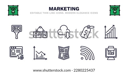 set of marketing thin line icons. marketing outline icons such as open, download from cloud, price, yield, favorite web, favorite web, marketing graph, gazette, rss, web package vector.