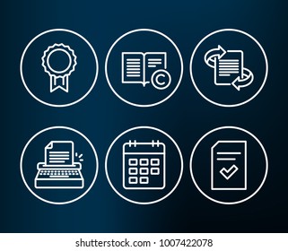 Set of Marketing, Ð¡opyright and Typewriter icons. Reward, Calendar and Checked file signs. Article, Copywriting book, Writer machine. Best medal, Event reminder, Correct document.  Editable stroke