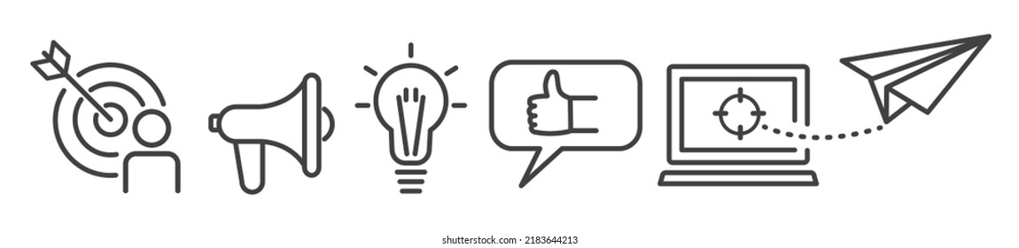 Set of marketing Vector Line Icons. Contains such graphics target group advertising, creativity, social media, public relations, and digital marketing. Editable Stroke on white background