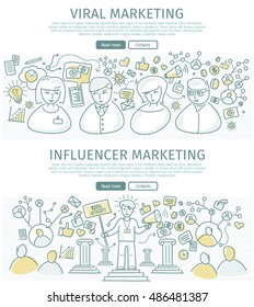 Set of marketing vector web banners. Flat design. Viral and influencer marketing concepts. People information connections. Two color line art vector. Authoritative expert. For marketing companies ad  