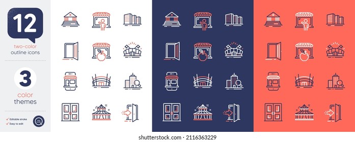 Set Of Marketplace, Buildings And Circus Line Icons. Include Door, Court Building, Arena Stadium Icons. Entrance, Inspect, Sports Arena Web Elements. Market, Open Door, Market Seller. Vector