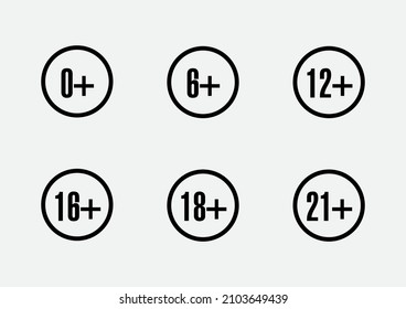 Set marks age limit sing restriction. Vector icons for children censoring content.