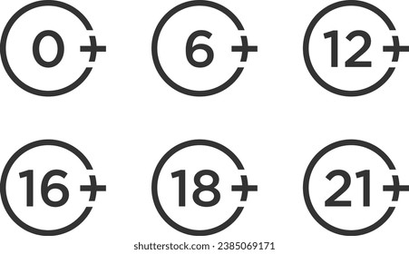 Set marks age limit sing restriction. Vector icons for children censoring content.