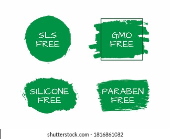 Set of marks SLS, GMO, Silicone, Paraben Free. Drawn with a watercolor brush. Vector illustration.