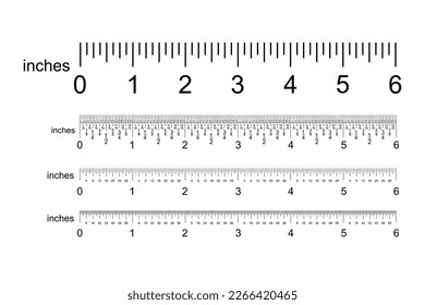 Set of markups for rulers from 0 to 6 inches. Art design horizontal measure scale distances 6" ruler division one thirty-second inch and one sixty -fourth inch. Vector illustration