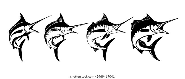 Set of Marlin Fish Jump Hand Drawn Illustration Isolated