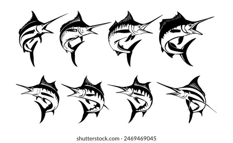 Set of Marlin Fish Jump Hand Drawn Illustration Isolated