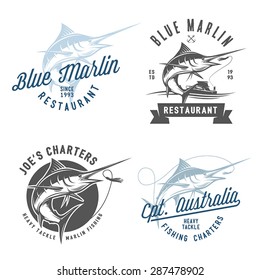 Set of marlin fishing emblems, badges and design elements