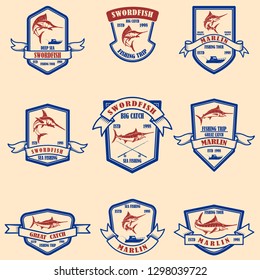 Set of marlin, swordfish emblems. Design element for logo, label, sign, poster, t shirt. Vector illustration
