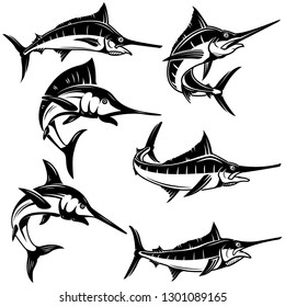 Set of marlin, swordfish illustrations. Design element for logo, label, emblem, sign, badge. Vector illustration