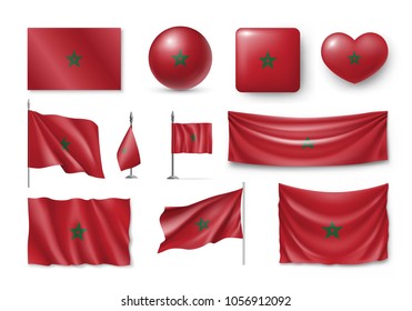 Set Marocco flags, banners, banners, symbols, flat icon. Vector illustration of collection of national symbols on various objects and state signs