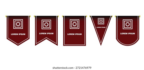 Set of maroon pennant flags with white borders and geometric logo icons. Versatile banner templates for university, sports, awards, or branding. Vector illustration in different shapes