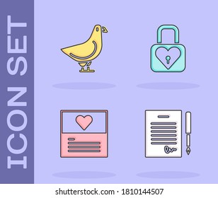 Set Marriage contract, Dove, Greeting card and Lock and heart icon. Vector