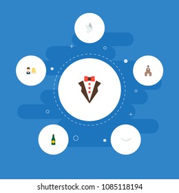 Set of marriage icons flat style symbols with church, champagne, groom suit and other icons for your web mobile app logo design.