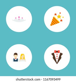 Set of marriage icons flat style symbols with firework, crown, just married and other icons for your web mobile app logo design.