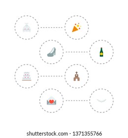 Set of marriage icons flat style symbols with church, firework, wedding cake and other icons for your web mobile app logo design.