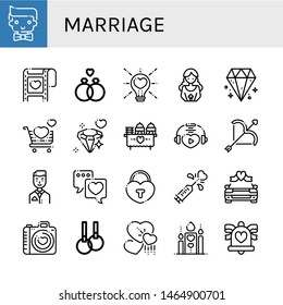 Set of marriage icons such as Groom, Wedding, Wedding ring, Love, Bride, Diamond, Wedding car, Rings, Hearts, Romantic, bells , marriage