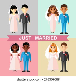 Set of a married Asian, African, American, European, international couple people. Vector illustration of icons wedding, bride, groom in love. 