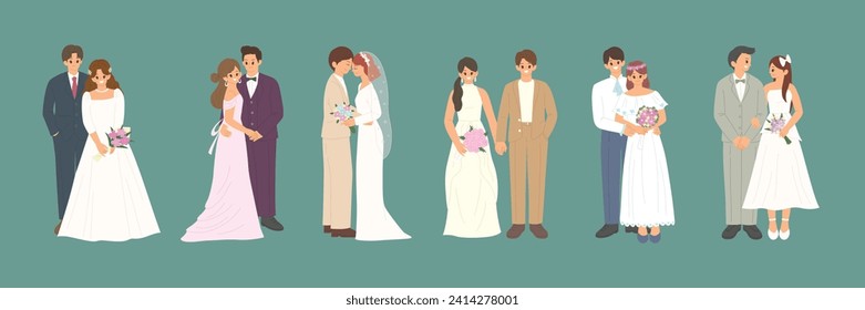 Set of married couple. Bride and groom celebration, standing together and holding bouquet. Design for greeting and invitation card. Flat cartoon style vector illustration isolated on color background