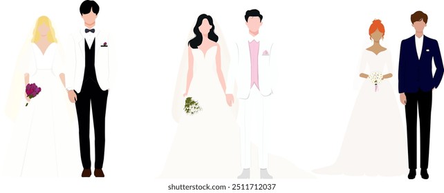 Set of married couple. Collection of cute bride and groom characters in wedding dresses, suits. Design for greeting and invitation card. Marriage people vector illustration