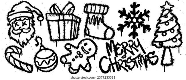 Set marry christmas graffiti spray paint. Collection of santa clause, gift, sock, snow flakes, christmas tree, gingerbread, bauble, candy cane Isolated Vector