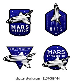 Set of mars exploration mission logotypes concepts with shuttle as a main element of the logo