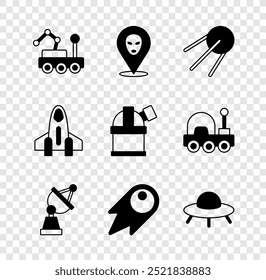 Set Mars rover, Alien, Satellite, dish, Comet falling down fast, UFO flying spaceship, Rocket and Astronomical observatory icon. Vector