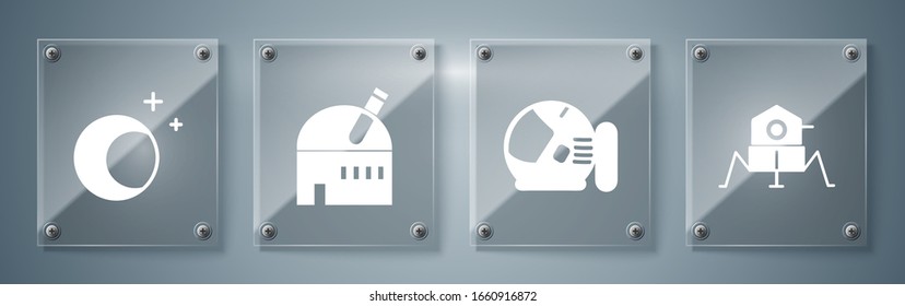 Set Mars rover, Astronaut helmet, Astronomical observatory and Moon and stars. Square glass panels. Vector