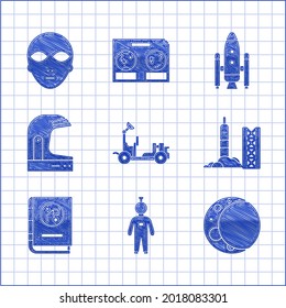 Set Mars rover, Astronaut, Moon, Rocket launch from the spaceport, Book by astronomy, helmet, Space shuttle and rockets and Alien icon. Vector
