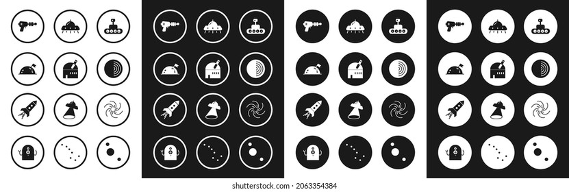 Set Mars rover, Astronomical observatory, Planet with flag, Ray gun, Earth structure, UFO flying spaceship, Black hole and Rocket fire icon. Vector