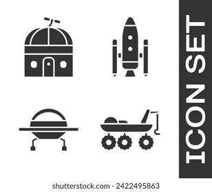 Set Mars Rover, Astronomische Sternwarte, UFO fliegendes Raumschiff und Space Shuttle und Raketen Symbol. Vektorgrafik