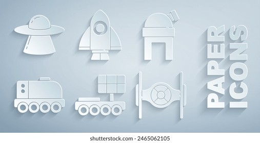 Set Marte rover, observatorio astronómico, nave cósmica, cohete y ovni vuelo espacial icono. Vector