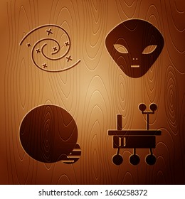 Set Mars rover, Black hole, Planet and Alien on wooden background. Vector