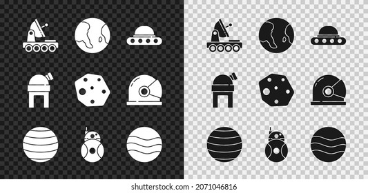 Set Mars rover, Earth globe, UFO flying spaceship, Planet Venus, Robot, Astronomical observatory and Asteroid icon. Vector