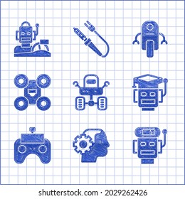 Set Mars rover, Humanoid robot, Robot low battery charge, Remote control, Drone,  and humanoid driving car icon. Vector