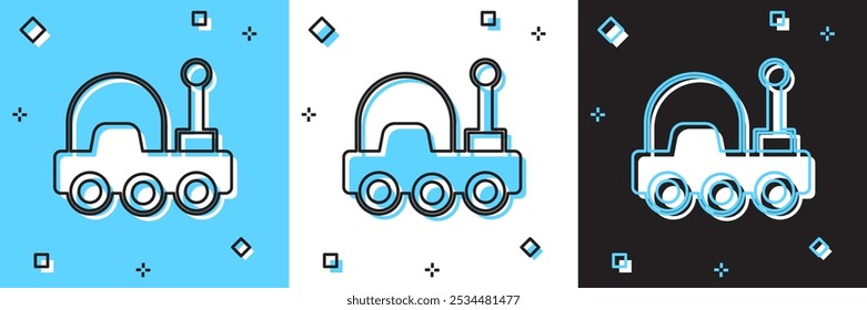 Definir ícone do jipe-robô de Marte isolado no fundo azul e branco e preto. Rover espacial. Sinal de Moonwalker. Aparelho para estudar a superfície de planetas.  Vetor