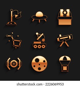 Set Mars rover, Planet, Box flying on parachute, Telescope, Cosmic ship, Great Bear constellation, Astronomical observatory and Moon with flag icon. Vector